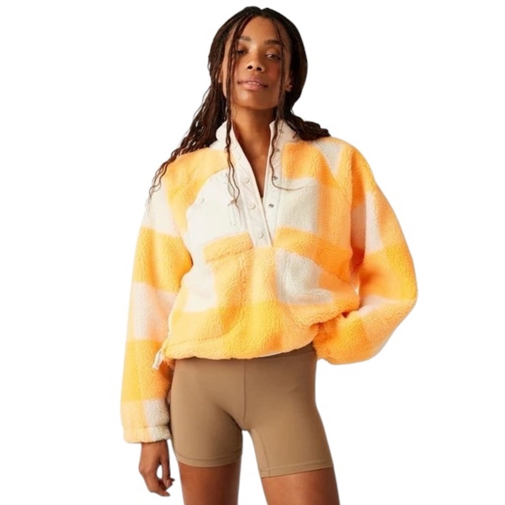 Free People Movement Hit The Slopes Fleece Pullover Orange Gingham NWT XS